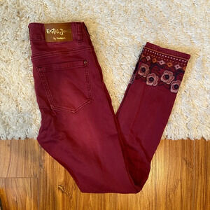 Desigual embroidered burgundy skinny jeans